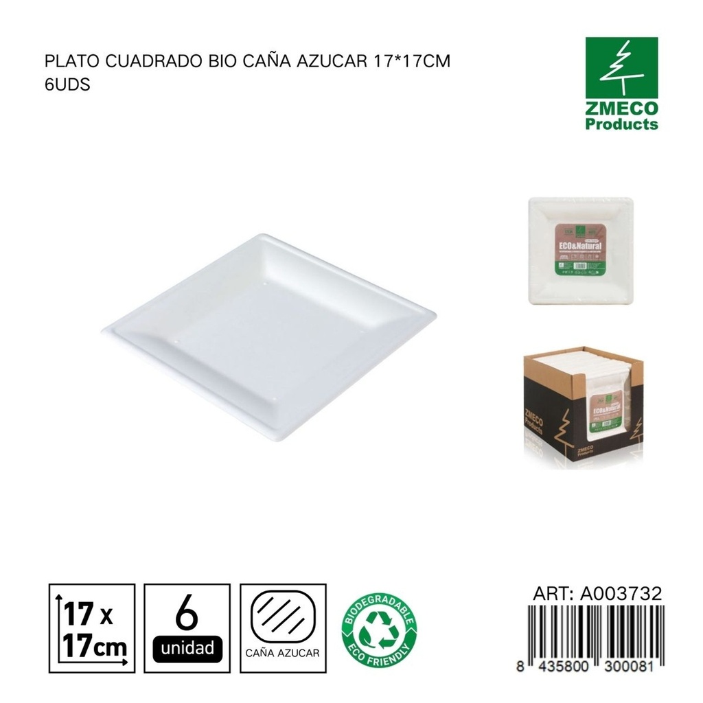 Plato cuadrado biodegradable de caña de azúcar 17*17cm 6uds - Utensilios desechables y ecológicos