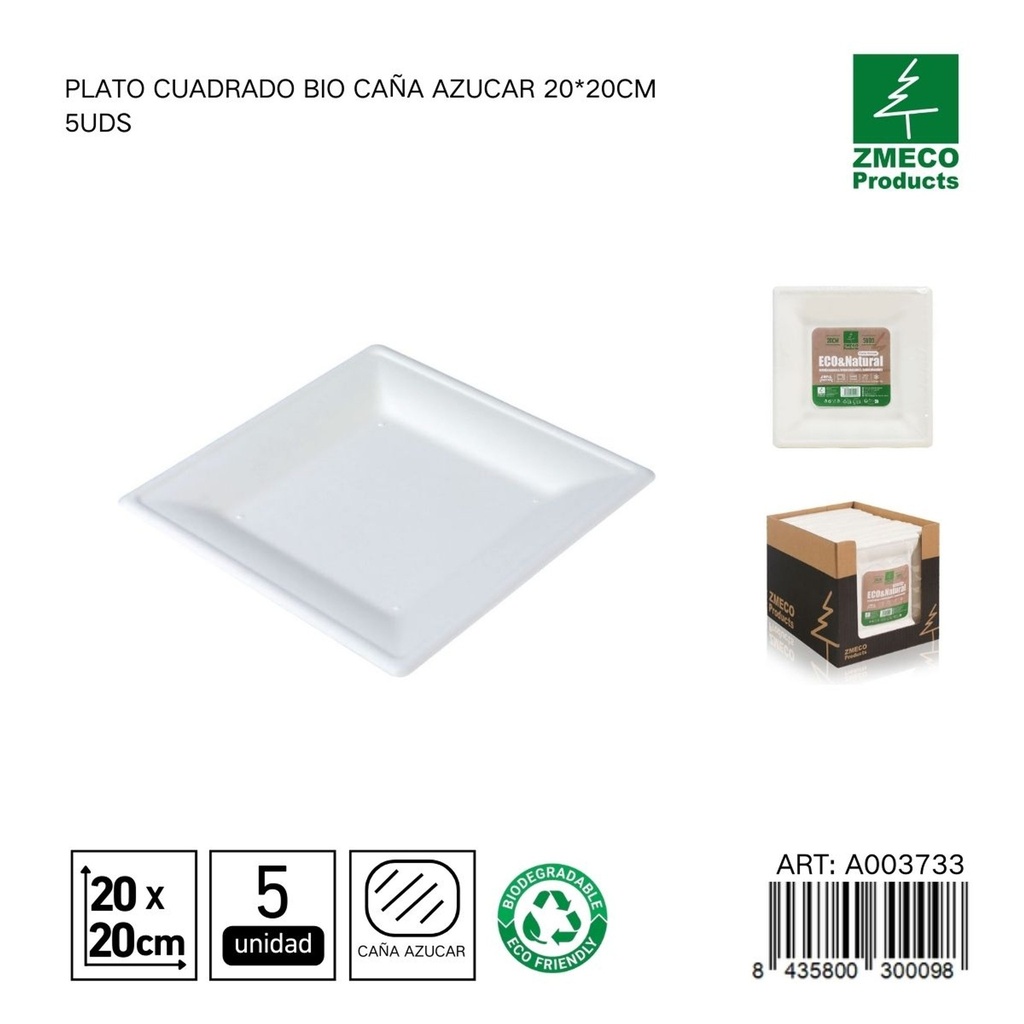 Plato cuadrado biodegradable de caña de azúcar 20*20cm 5uds - Utensilios desechables y ecológicos