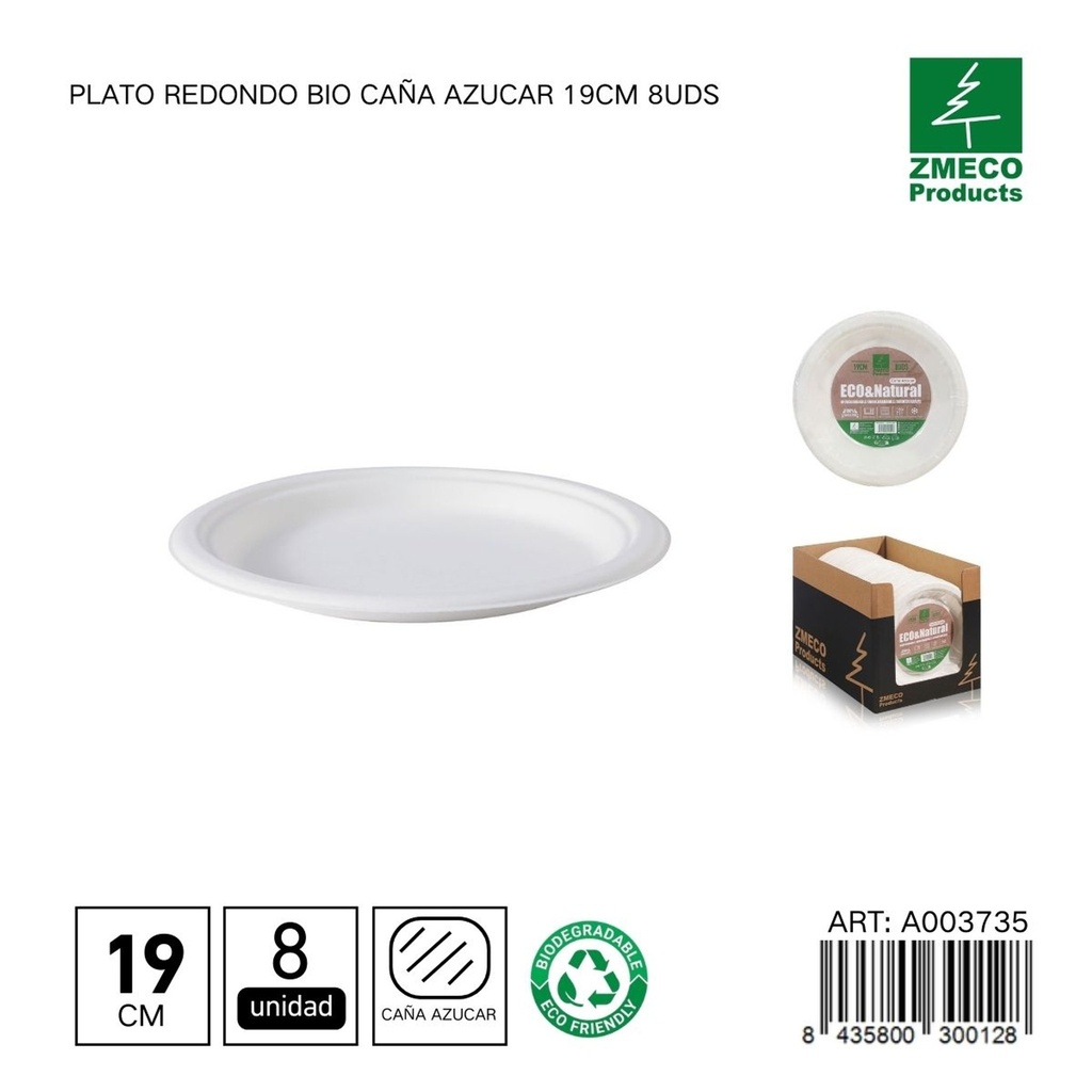 Plato redondo biodegradable de caña de azúcar 19cm 8uds - Utensilios desechables y ecológicos