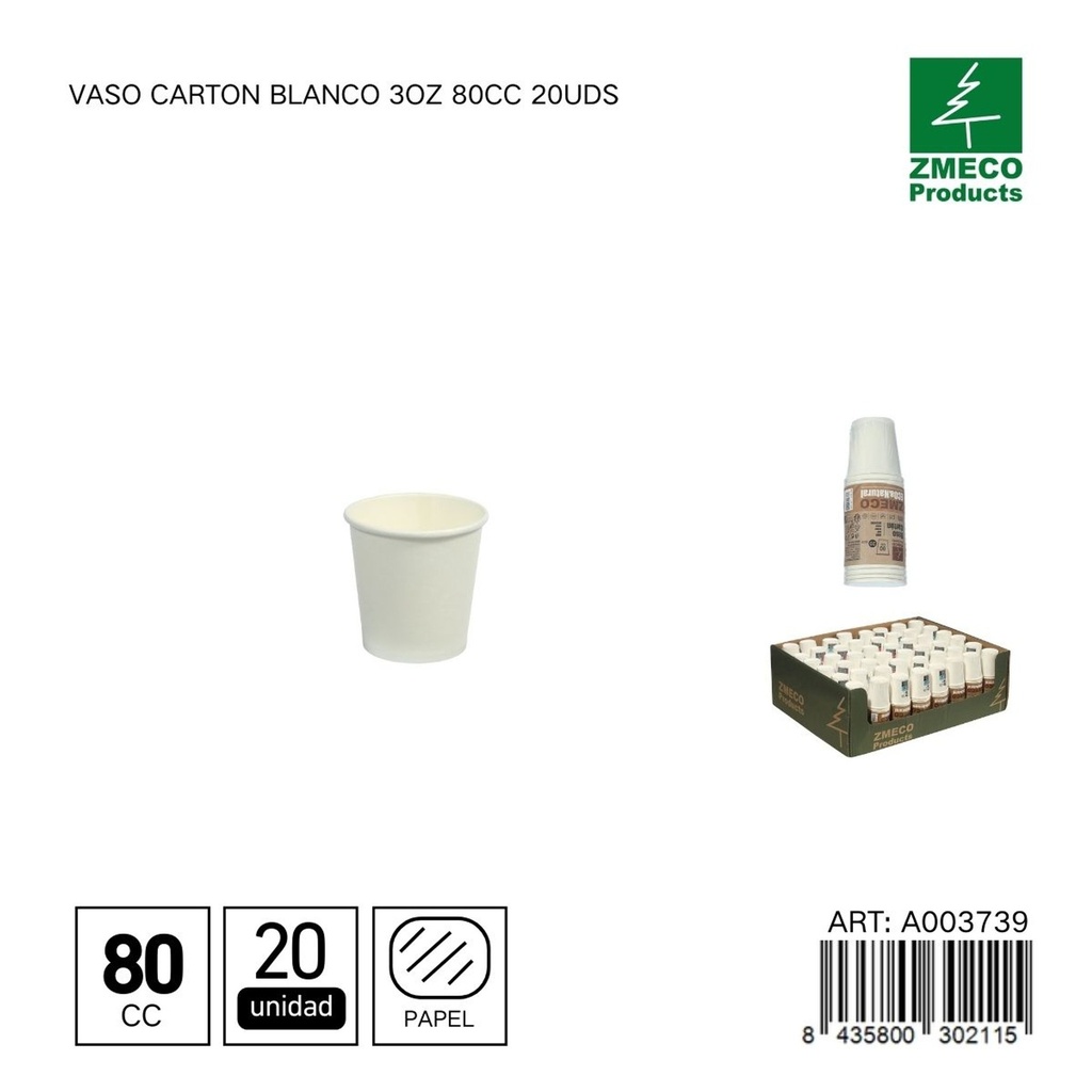 Vaso de cartón blanco 3oz 80cc 20uds - Utensilios desechables para bebidas