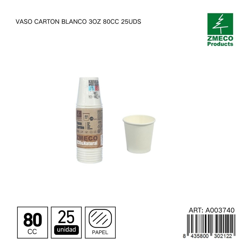 Vaso de cartón blanco 3oz 80cc 25uds - Utensilios desechables para bebidas