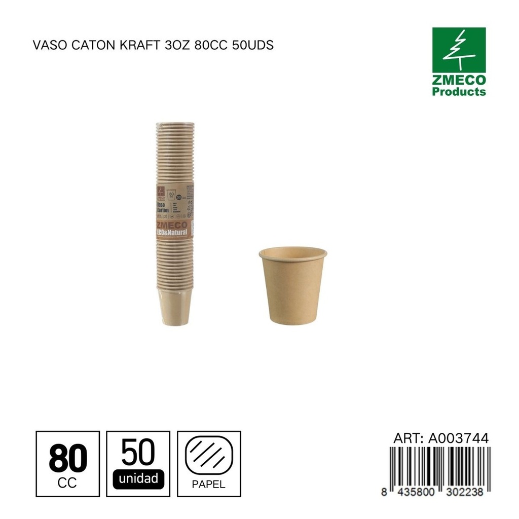 Vaso carton kraft 3oz 80cc 50uds - Utensilios desechables para bebidas