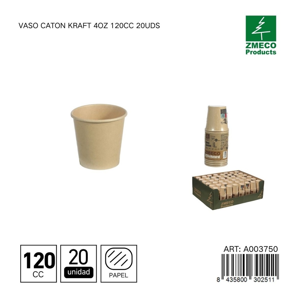 Vaso carton kraft con tapa 4oz 120cc 20uds - Utensilios desechables para bebidas