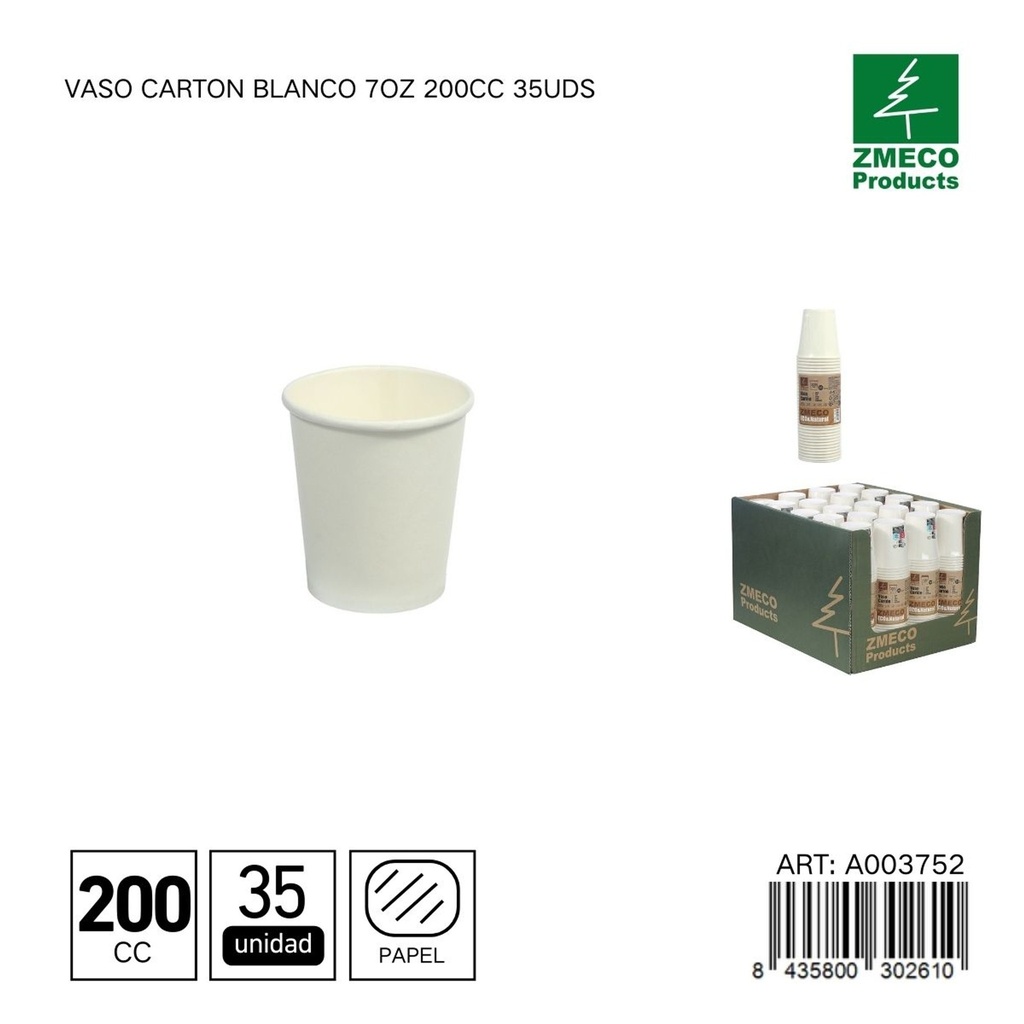 Vaso de cartón blanco 7oz 200cc 35uds - Utensilios desechables para bebidas