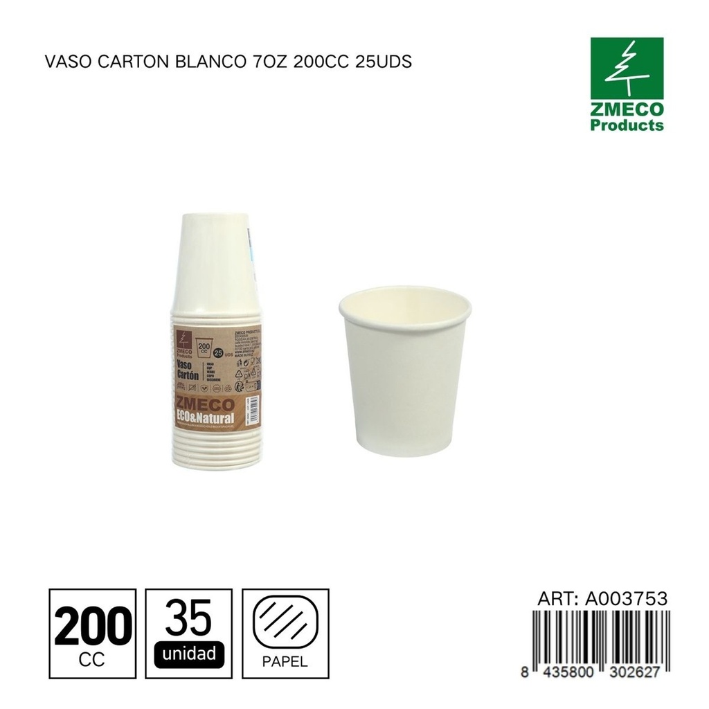 Vaso de cartón blanco 7oz 200cc 25uds - Utensilios desechables para bebidas