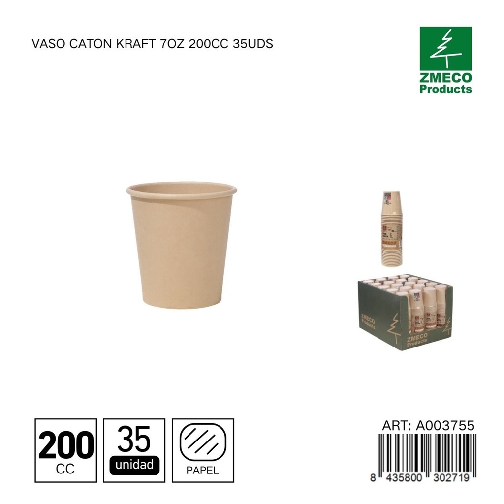 Vaso carton kraft 7oz 200cc 35uds - Utensilios desechables para bebidas