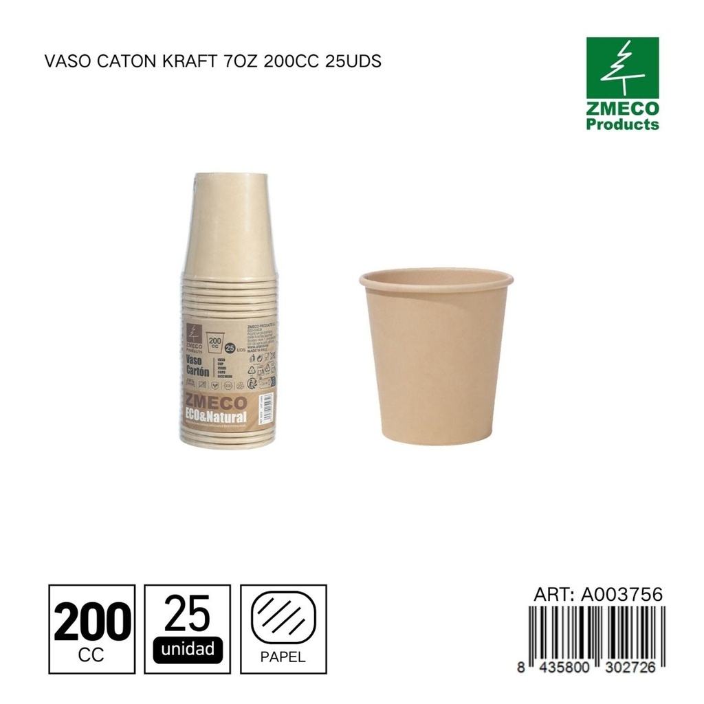 Vaso carton kraft 7oz 200cc 25uds - Utensilios desechables para bebidas