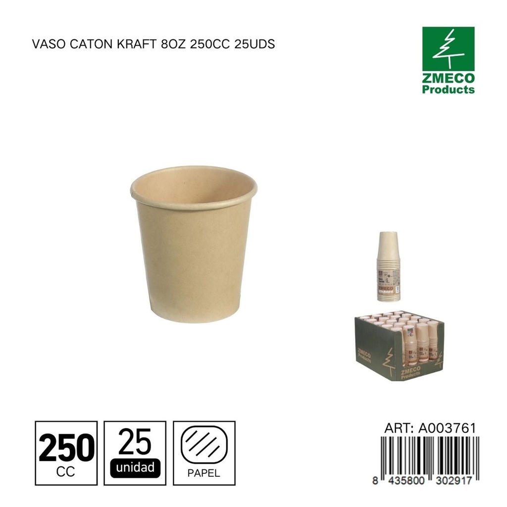 Vaso carton kraft 8oz 250cc 25uds - Utensilios desechables para bebidas