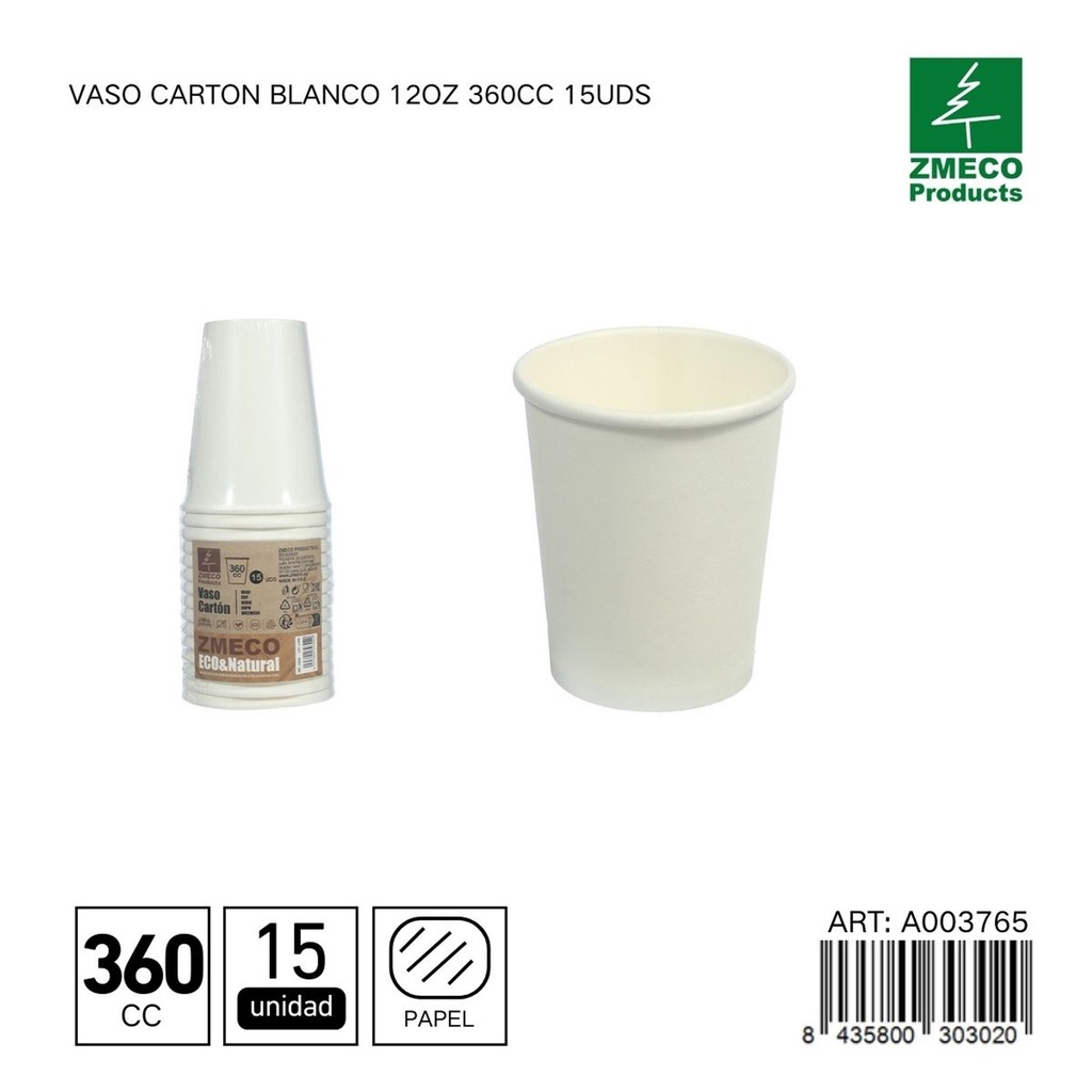 Vaso de cartón blanco 12oz 360cc 15uds - Utensilios desechables para bebidas
