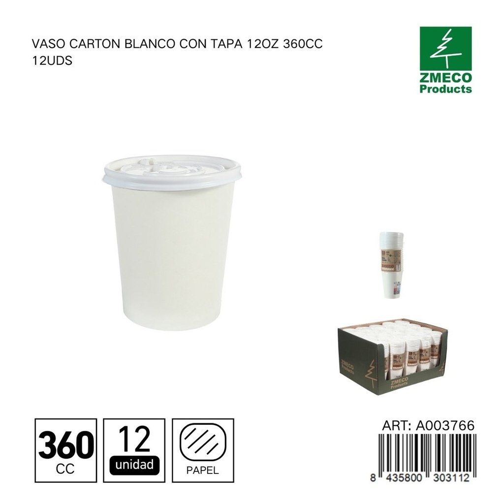 Vaso de cartón blanco con tapa 12oz 360cc 12uds - Utensilios desechables para bebidas