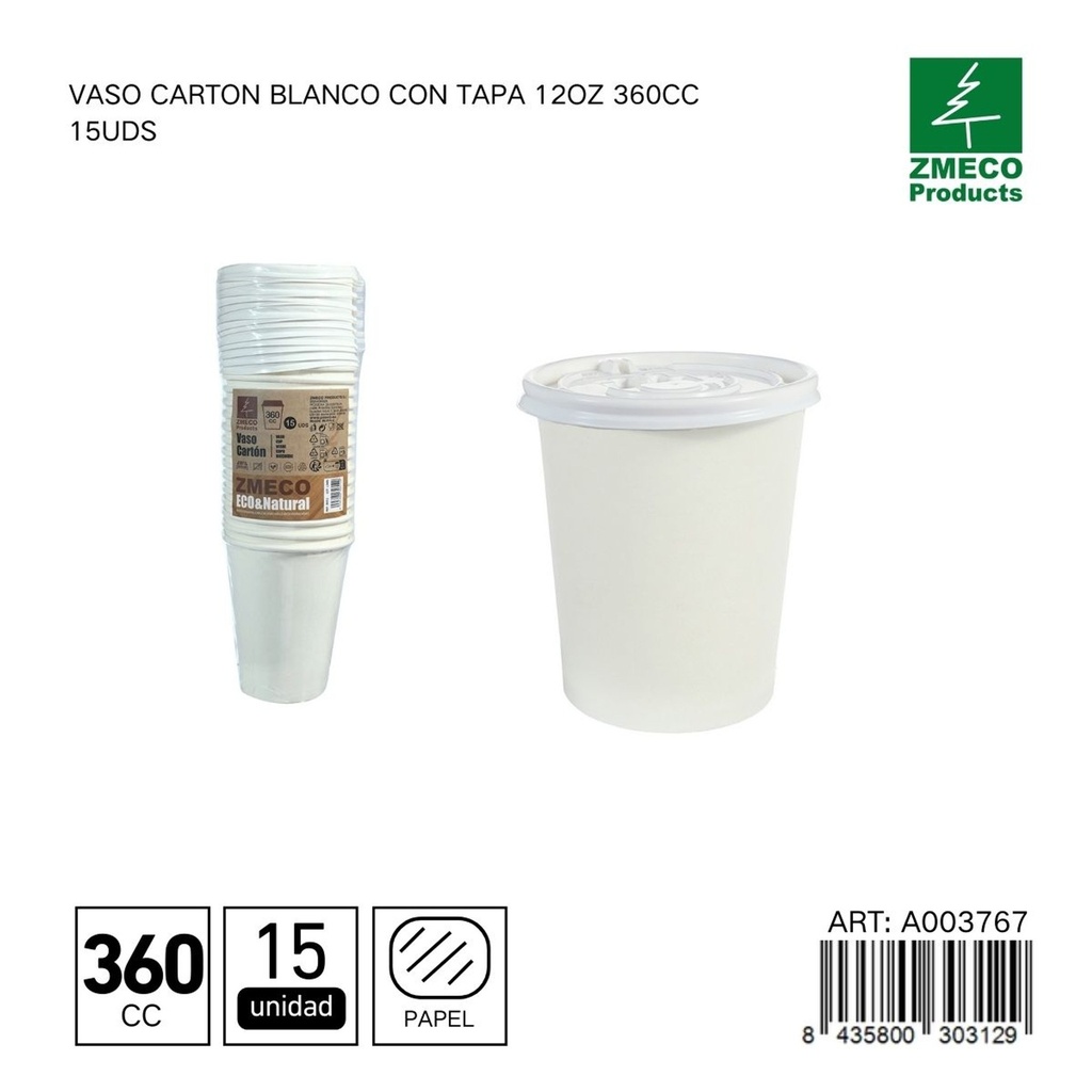 Vaso de cartón blanco con tapa 12oz 360cc 15uds - Utensilios desechables para bebidas