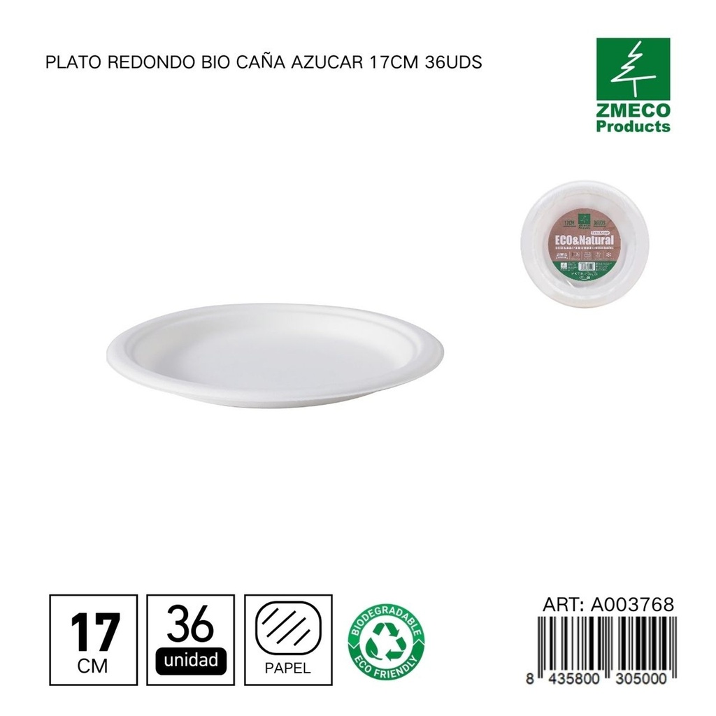 Plato redondo biodegradable de caña de azúcar 17cm 36uds - Utensilios desechables y ecológicos