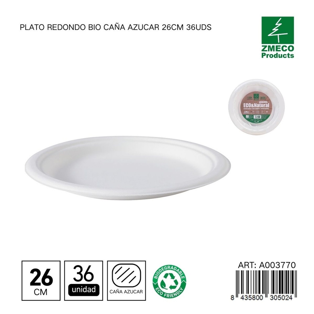 Plato redondo biodegradable de caña de azúcar 26cm 36uds - Utensilios desechables y ecológicos