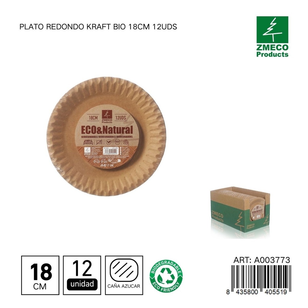Plato redondo kraft biodegradable 18cm 12uds - Utensilios desechables y ecológicos