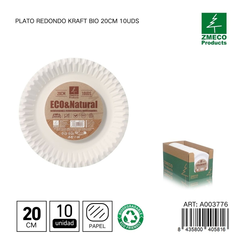 Plato redondo de cartón biodegradable 20cm 10uds - Utensilios desechables y ecológicos