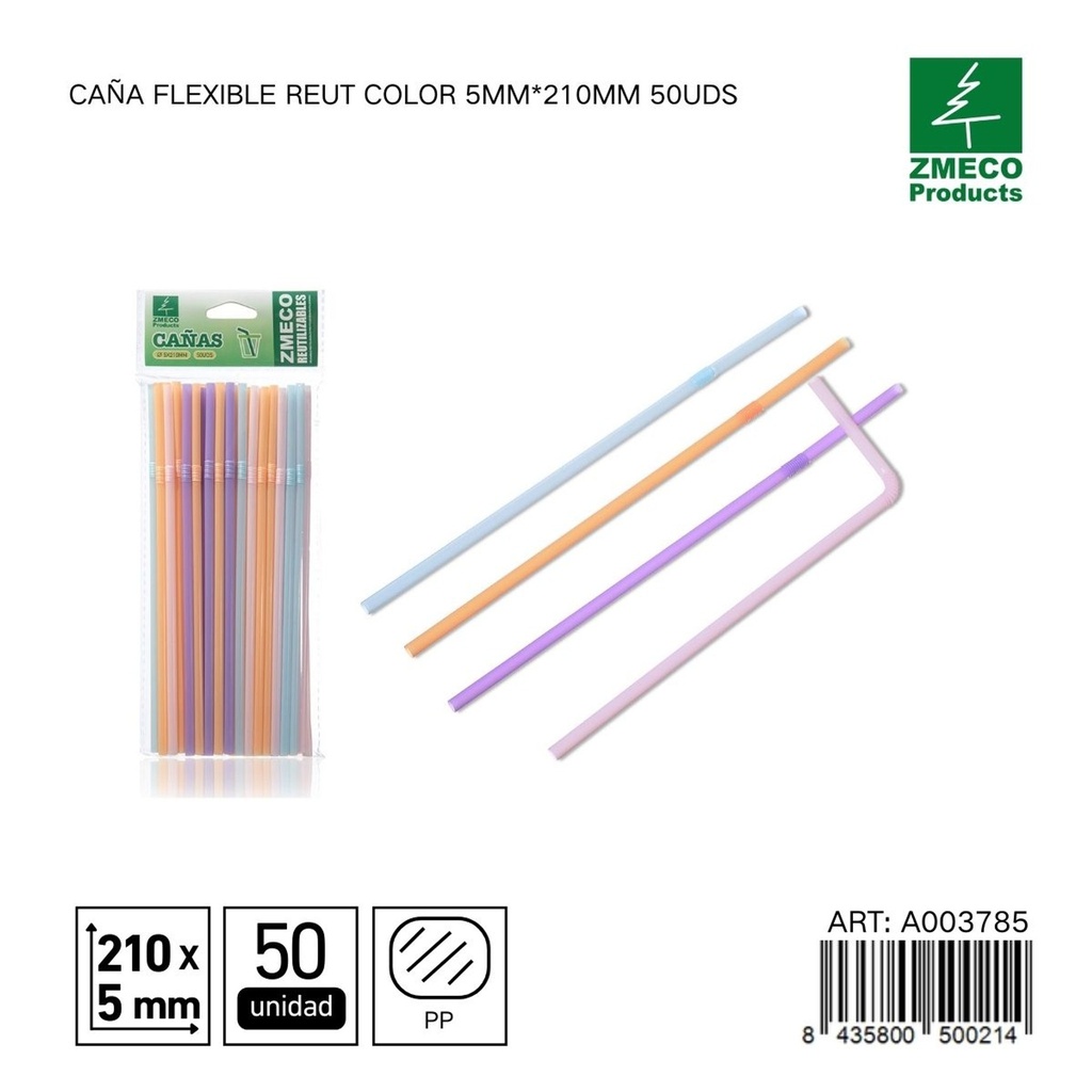Caña flexible reutilizable de color 5mm*210mm 50uds - Accesorios de cocina y cocteles