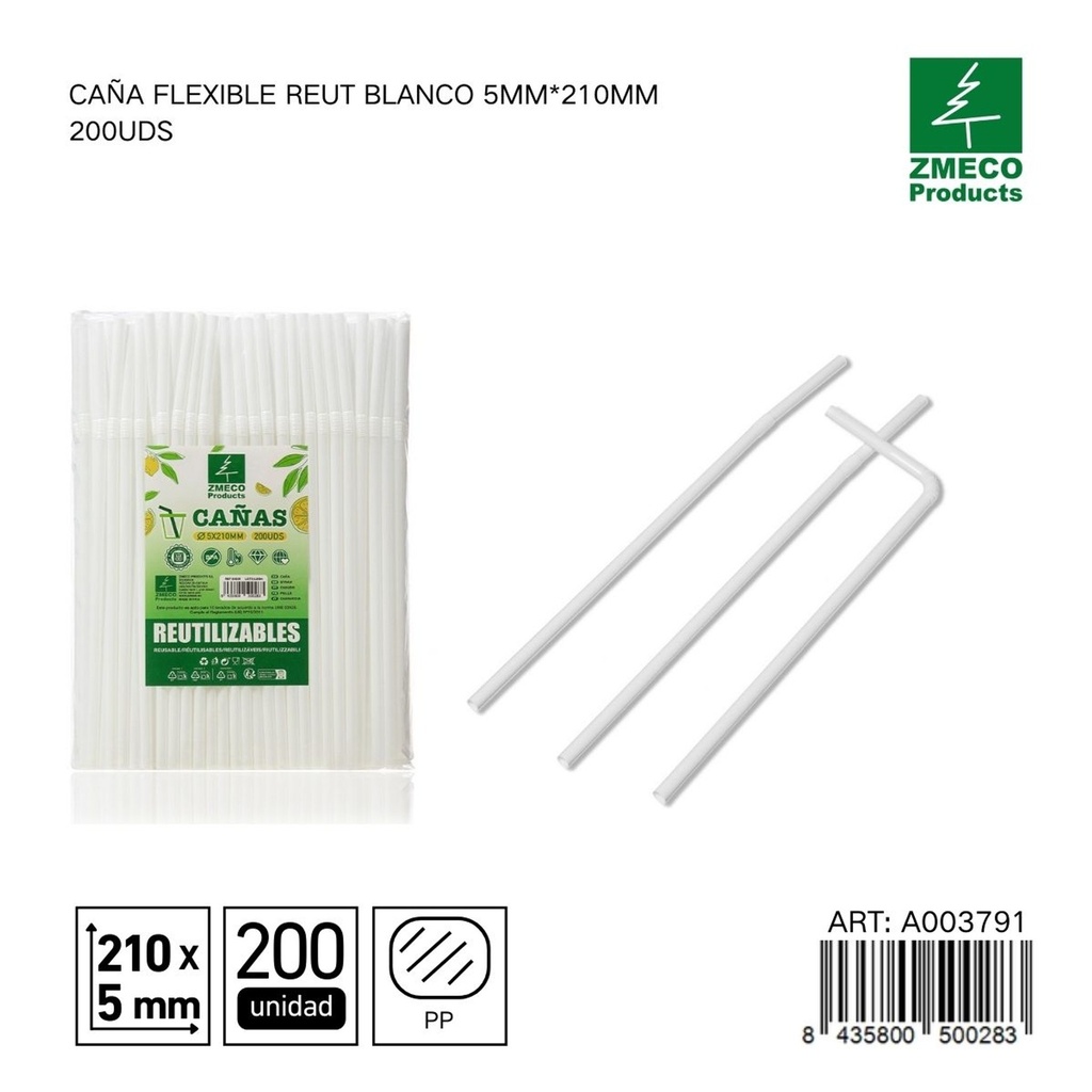 Caña flexible reutilizable blanca 5mm*210mm 200uds - Accesorios de cocina y cocteles