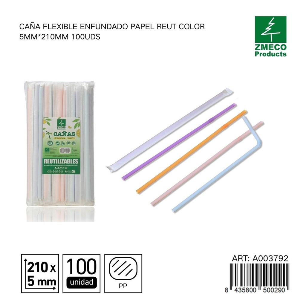 Caña flexible de papel enfundada 5mm*210mm 100uds - Accesorios de cocina y cocteles