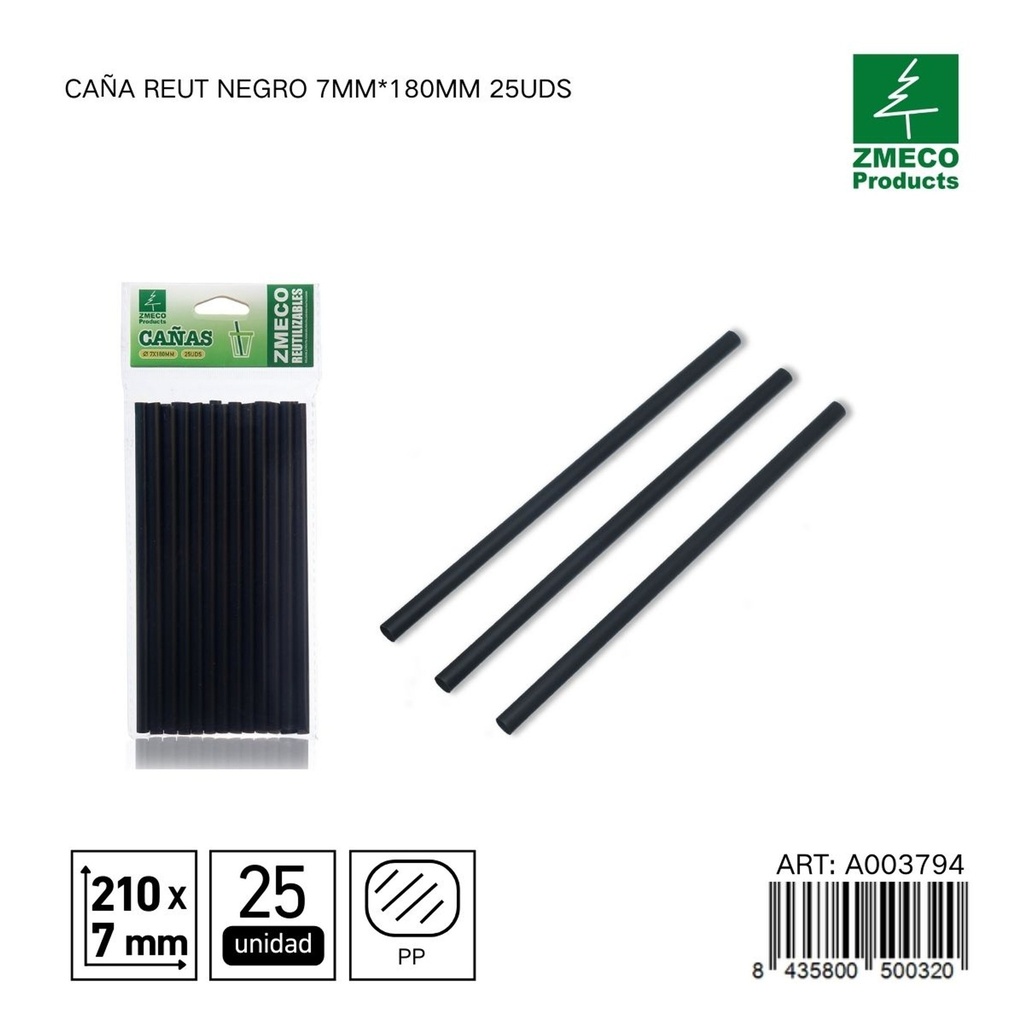 Caña reutilizable negra 7mm*180mm 25uds - Accesorios de cocina y cocteles
