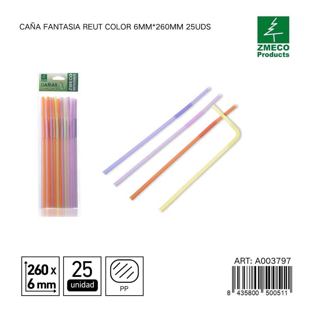 Caña fantasía reutilizable de color 6mm*260mm 25uds - Accesorios de cocina y cocteles