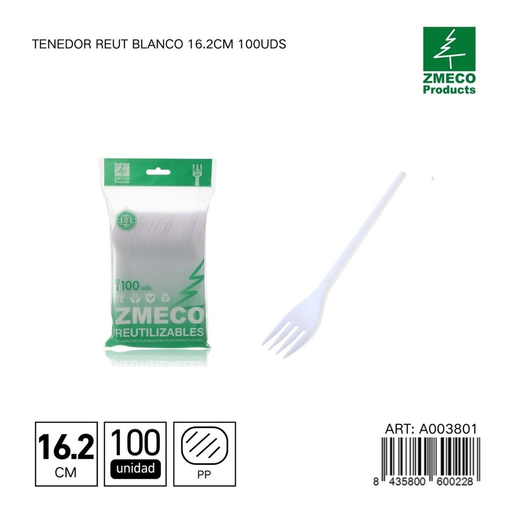 Tenedor reutilizable blanco 16.2 cm 100 unidades - Utensilios desechables