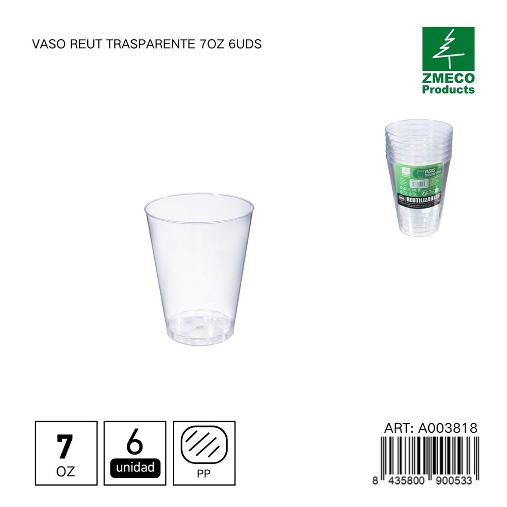 Vaso Reut trasparente 7 oz 6 uds - Utensilios desechables y menaje