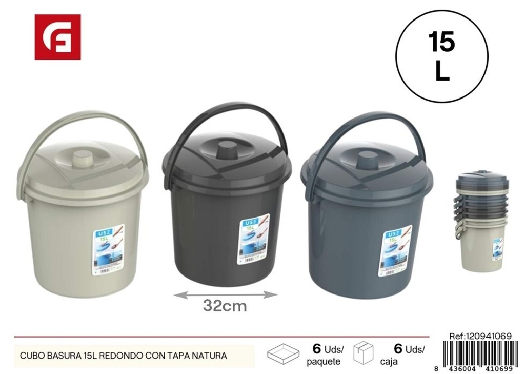 Cubo de basura redondo Natura 15L con tapa - Plástico para el hogar y organización