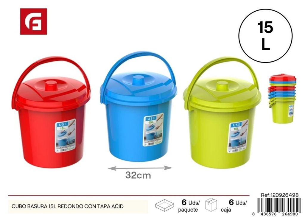 Cubo de basura redondo 15L con tapa acid - Plásticos del hogar y almacenamiento