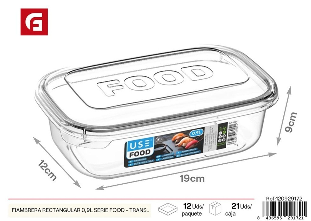 Fiambre rectangular transparente 0.9L - Contenedor de alimentos y fiambreras
