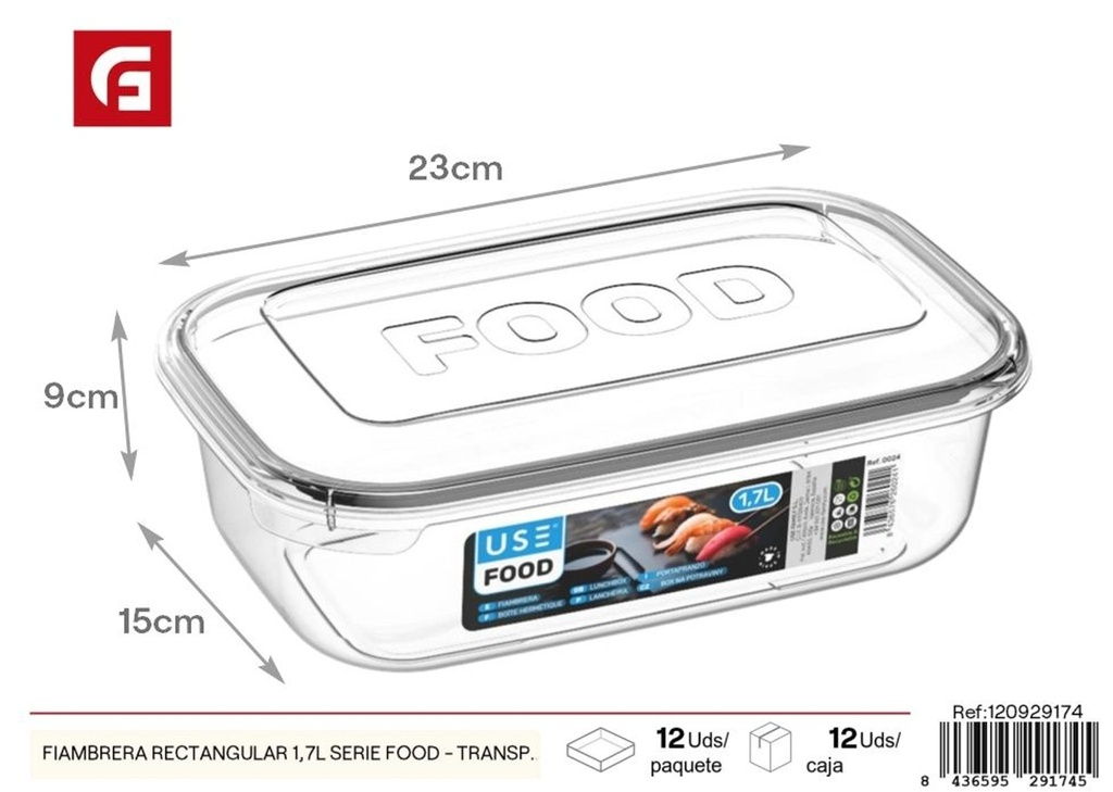 Fiambre rectangular transparente 1.7L - Contenedor de alimentos y fiambreras