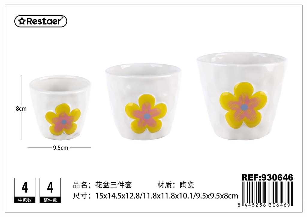 Maceta de cerámica pintada 3 piezas (14.7x14.7x12.8 cm) - Decoración para plantas