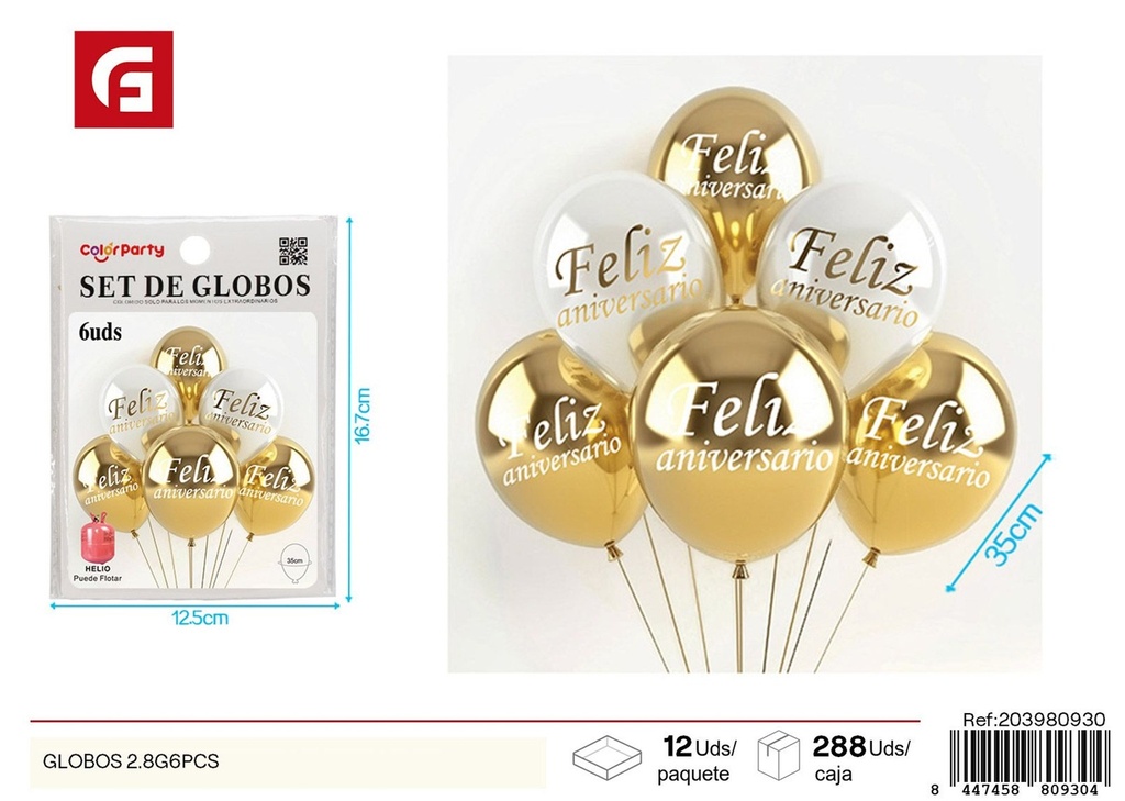 Globos 2.8 g color blanco con impresión de feliz aniversario (6 piezas) - Decoraciones para fiestas