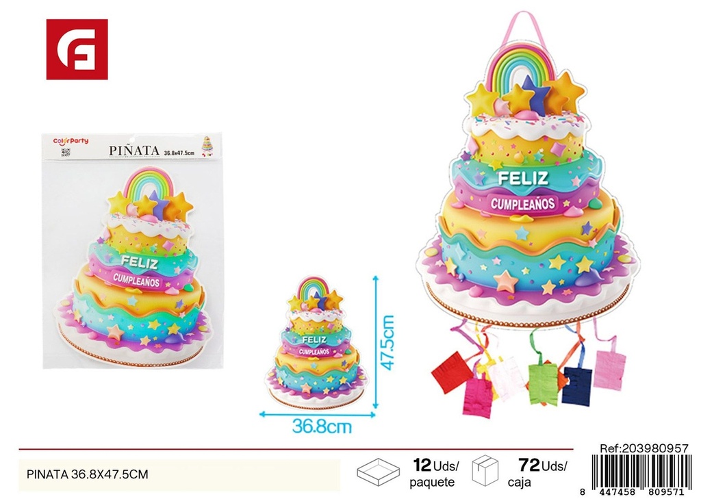 Piñata de pastel con diseño de arcoíris y cumpleaños 36.8x47.5 cm - Decoraciones para fiestas