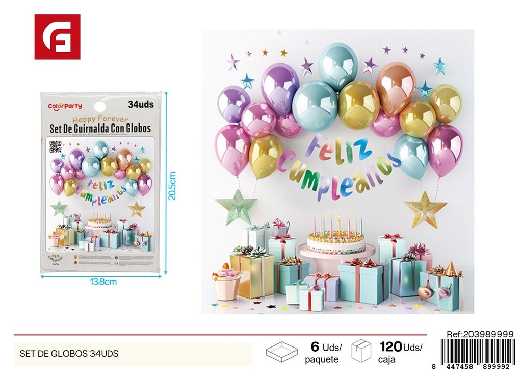 Set de globos en colores metálicos con mensaje de feliz cumpleaños (34 unidades) - Decoraciones para fiestas