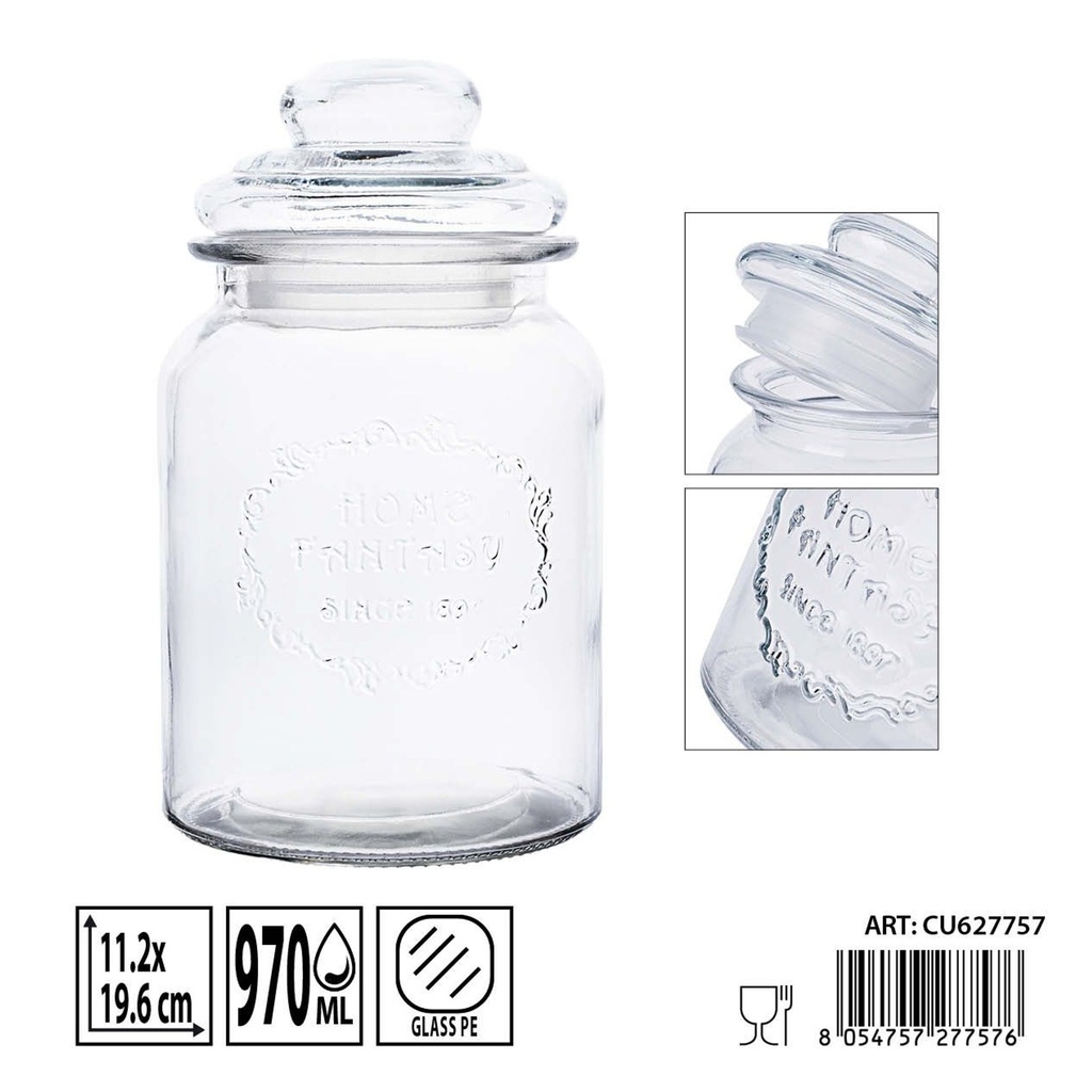 Bote de cristal con tapa 970 ml 11,2x11,2x19,6 cm - Almacenamiento y tarros herméticos