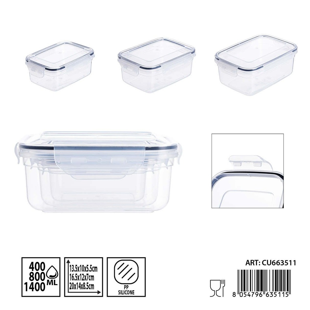 Set de 3 contenedores herméticos rectangulares 400-800-1400 ml - Almacenamiento plástico