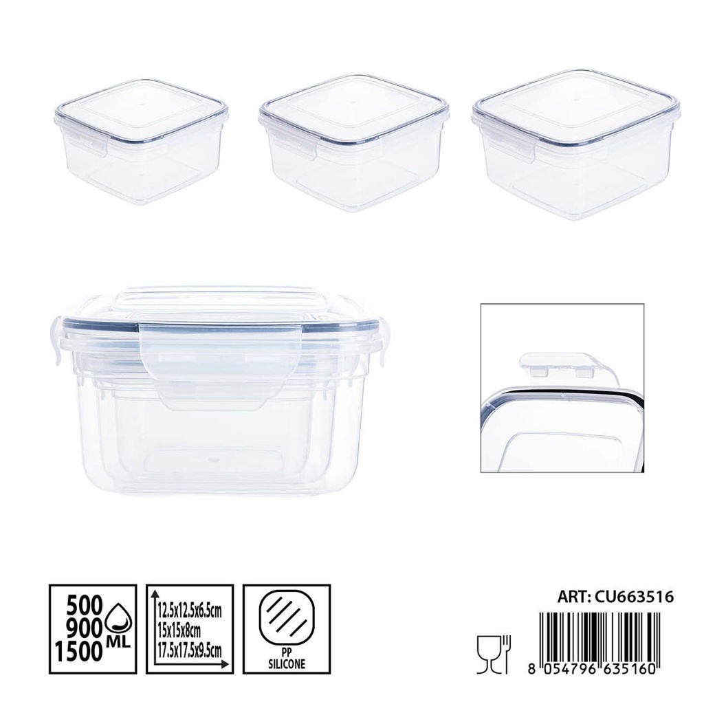 Set de 3 contenedores herméticos cuadrados 500-900-1500 ml - Almacenamiento plástico