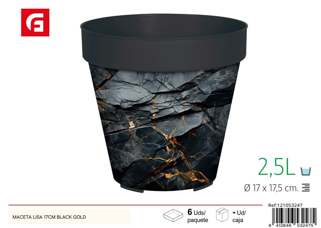 Maceta lisa IML 17 cm diseño negro y dorado - Jardinería y decoración del hogar