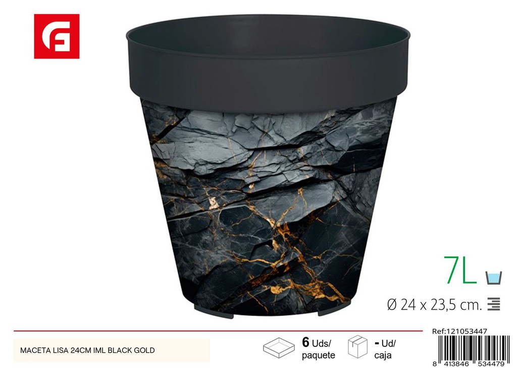 Maceta lisa IML 24 cm diseño negro y dorado - Jardinería y decoración del hogar