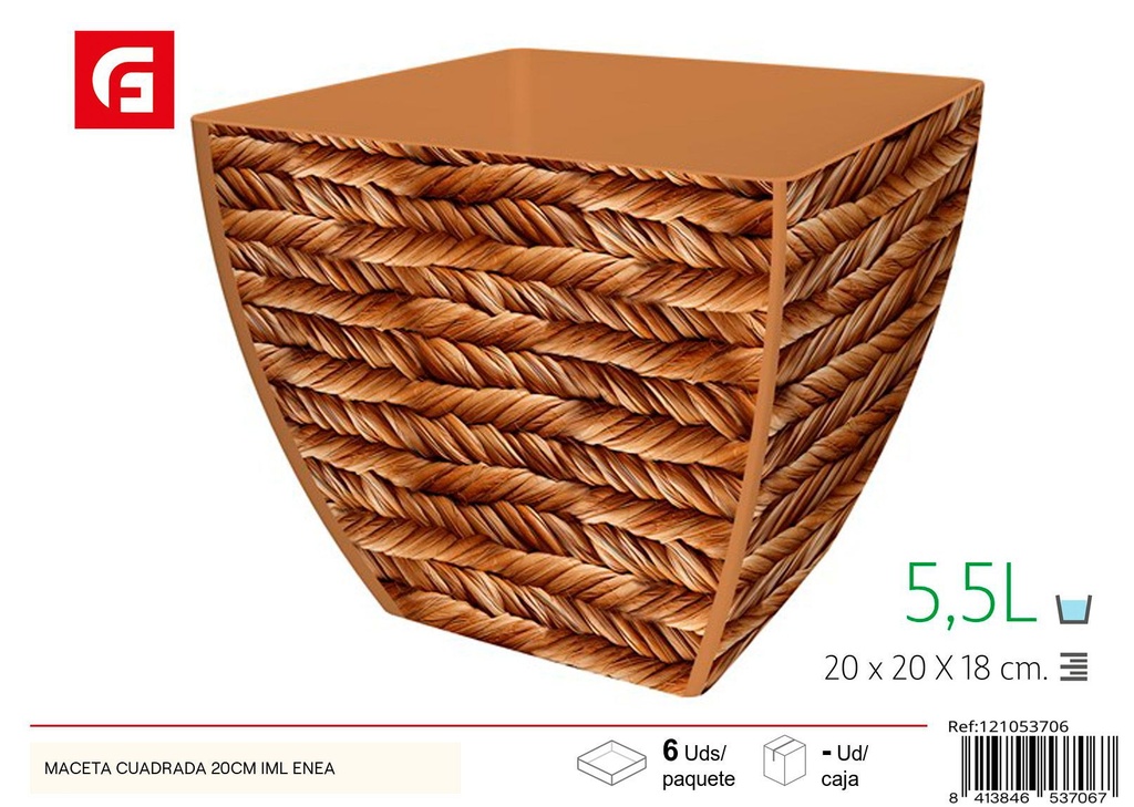 Maceta cuadrada de 20 cm con textura de enea - Decoración de jardín y macetas