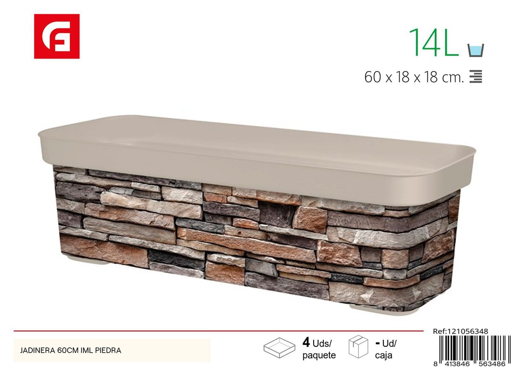 Jardinera rectangular de 60 cm con textura de piedra - Decoración de jardín y jardineras