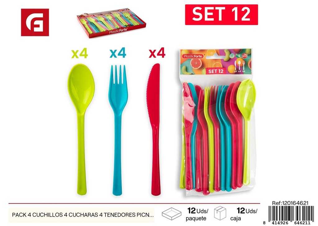 Pack de 4 cuchillos, 4 cucharas y 4 tenedores para picnic - Plásticos de cocina y utensilios