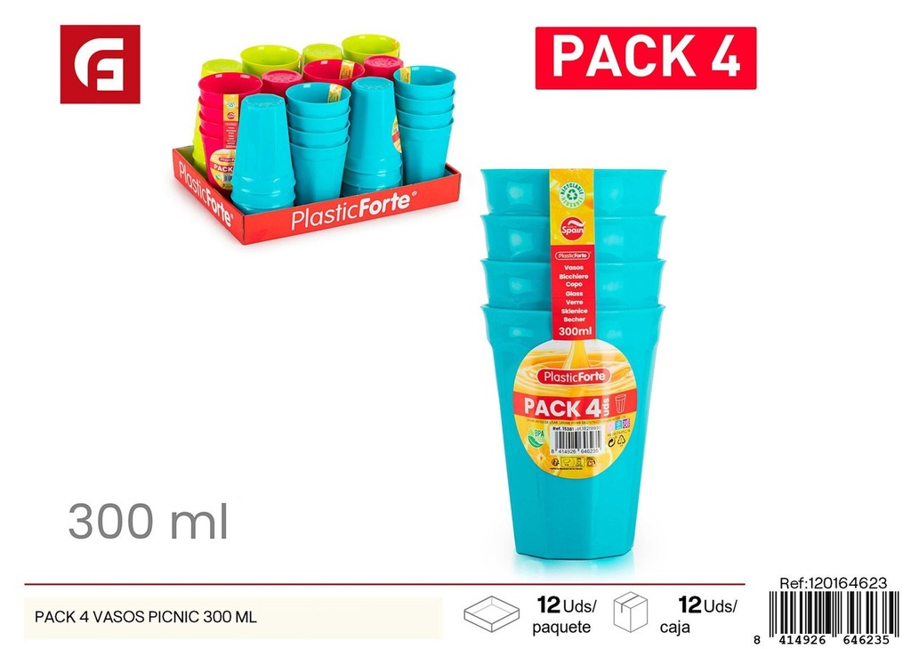 Pack de 4 vasos para picnic 300 ml - Plásticos de cocina y utensilios
