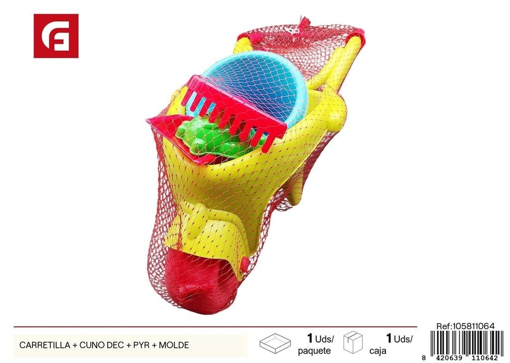 Cubo de playa carrito con colador y moldes - Accesorios de verano y juguetes de playa
