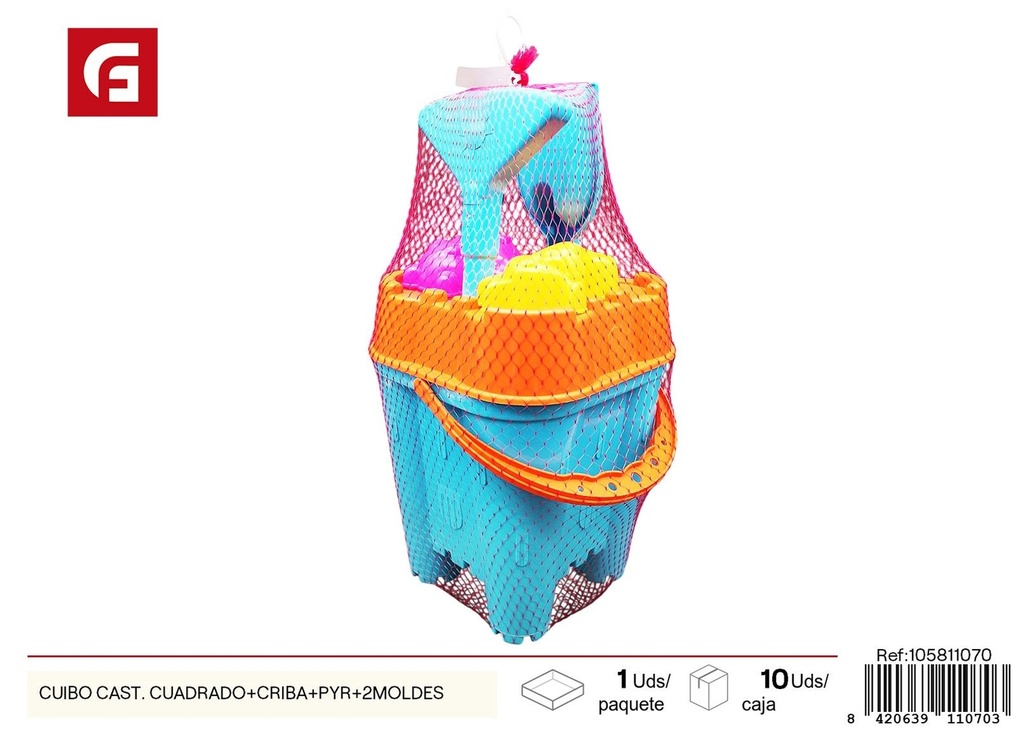 Cubo cuadrado de playa set unicornio con colador y moldes - Accesorios de verano y juguetes de playa