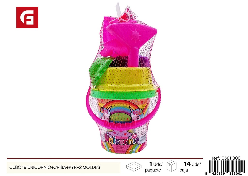 Cubo de playa set unicornio 19 con colador y moldes - Accesorios de verano y juguetes de playa