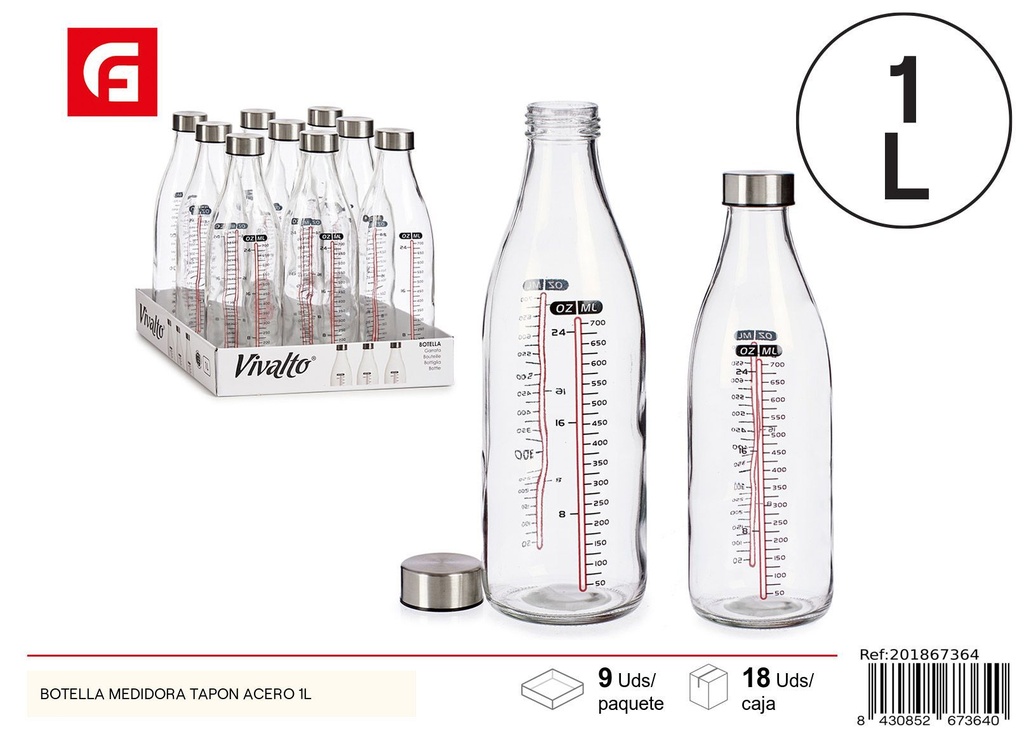 Botella medidora con tapón de acero 1L - Botes y tarros de vidrio