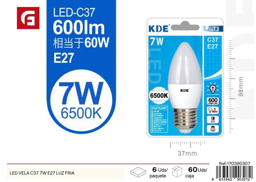 Bombilla LED vela C37 7W E27 luz fría - Iluminación LED