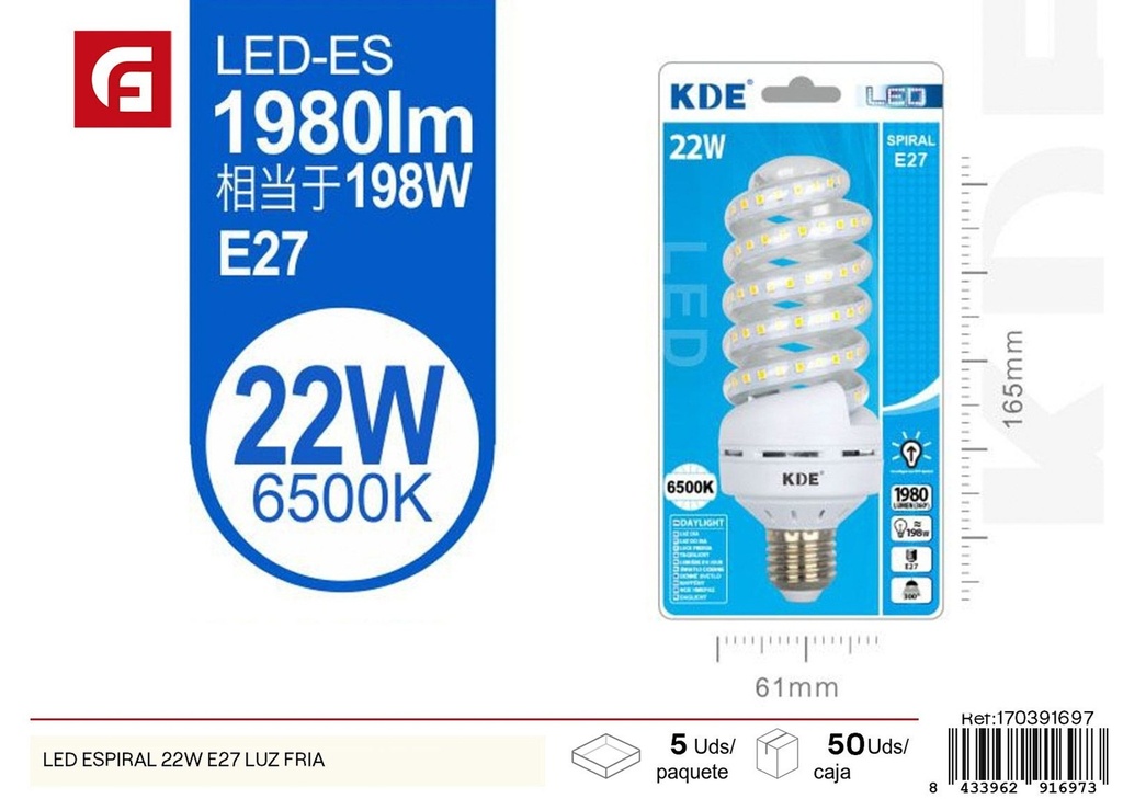 Bombilla LED espiral 22W E27 luz fría - Iluminación LED