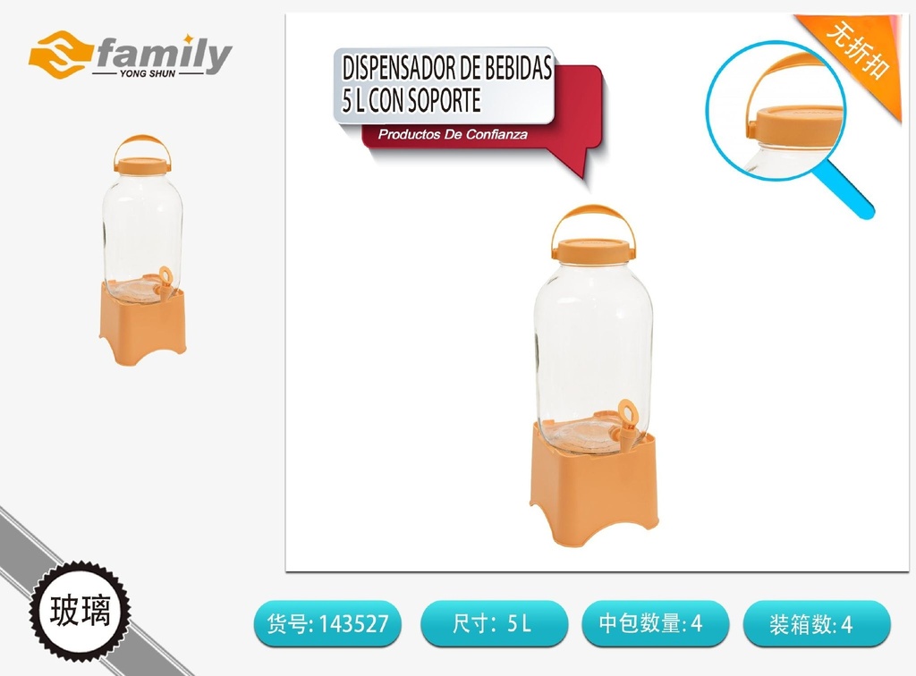 Dispensador de bebidas de 5 L con soporte - Utensilios para bebidas